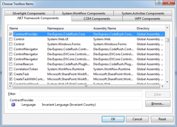 DXCore ContractProvider Choose Items dialog