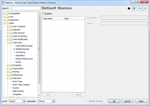 DXCore Default Names options page