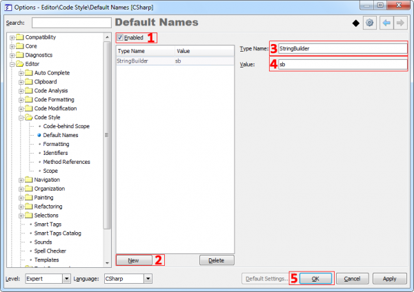 DXCore Adding new type on Default Names options page