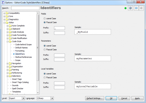 DXCore Identifiers options page