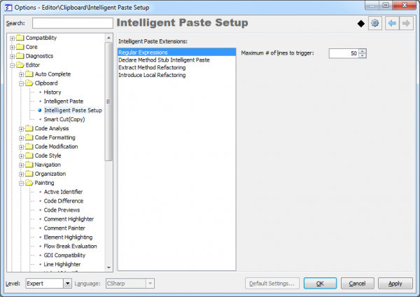 CodeRush Intelligent Paste Setup options page