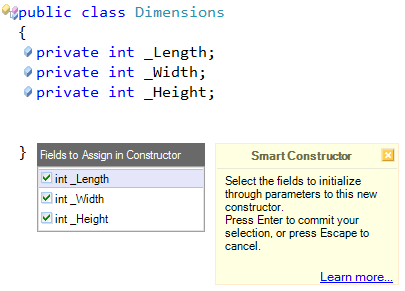 CodeRush Smart Constructor and Choose fields dialog (CS)