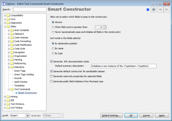 CodeRush Smart Constructor options page