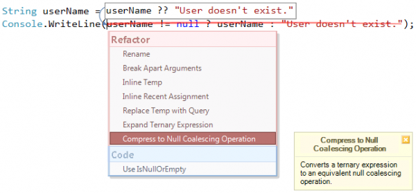 Compress to Null Coalescing Operation refactoring preview