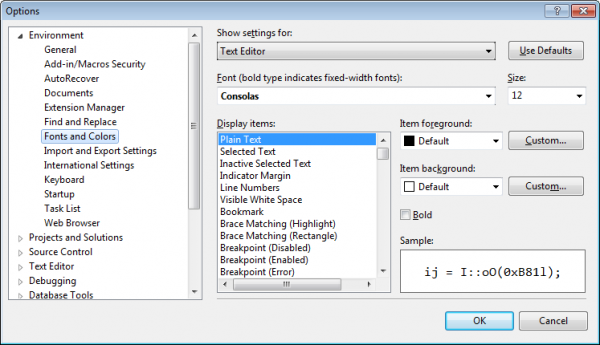 Visual Studio Fonts and Colors IDE Options Dialog