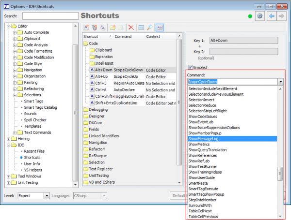 DXCore Shortcuts options page with Command box