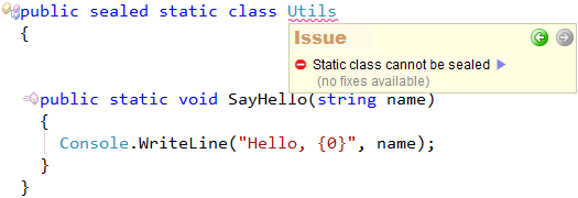 CodeRush Code Issue - Static class cannot be sealed