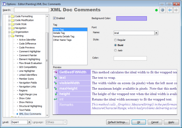 CodeRush XML Doc Comments options page