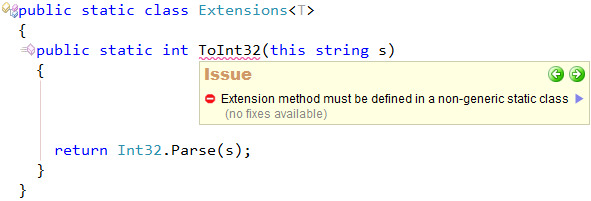 CodeRush Extension method must be defined in a non generic static class