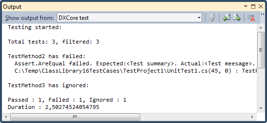 Unit Tests Visual Studio Output window