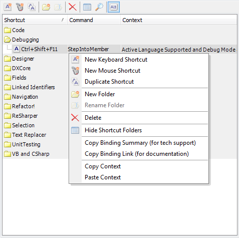 CodeRush Shortcuts page Context menu