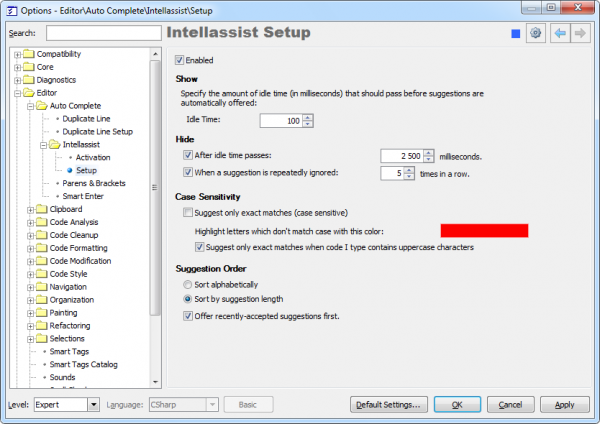 CodeRush Intellassist Setup options page