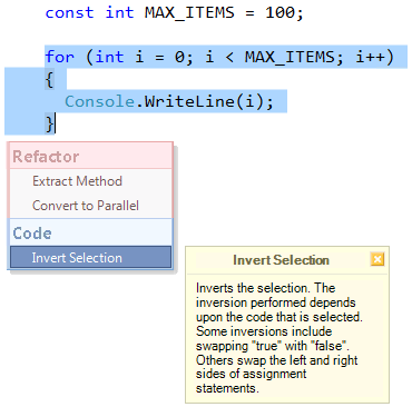 Performing CodeRush Invert Selection code provider