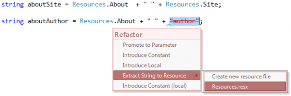 Refactorings - Extract String to Resource preview