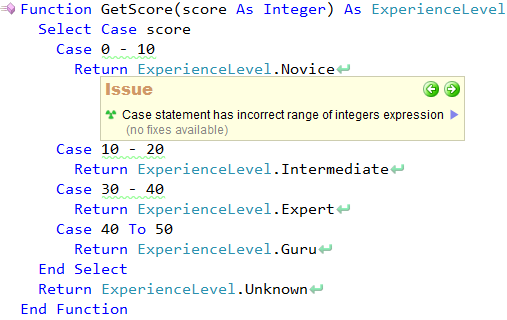 Case statement has incorrect range of integers expression CodeRush code issue