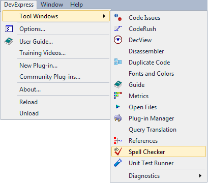 CodeRush Spell Checker tool window in the DevExpress Menu