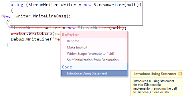 CodeRush Introduce Using Statement provider preview