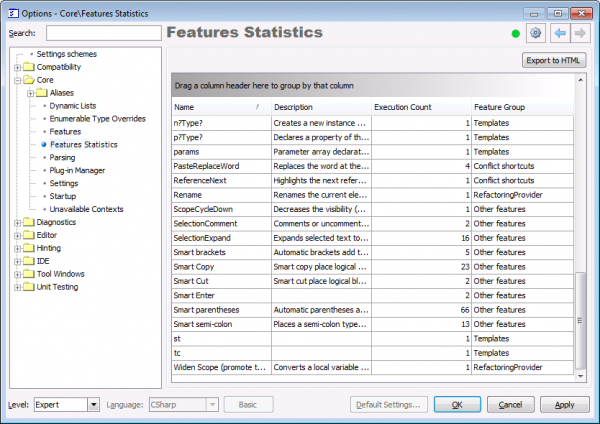 CodeRush Features Statistics options page