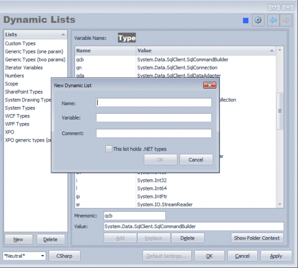 CodeRush Dynamic Lists Option Page New List